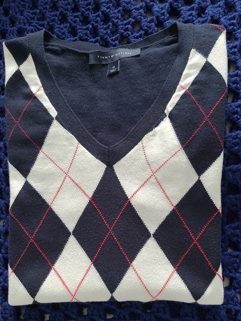 Tommy Hilfiger Navy Argyle V-Neck Sweater with White and Red Accents